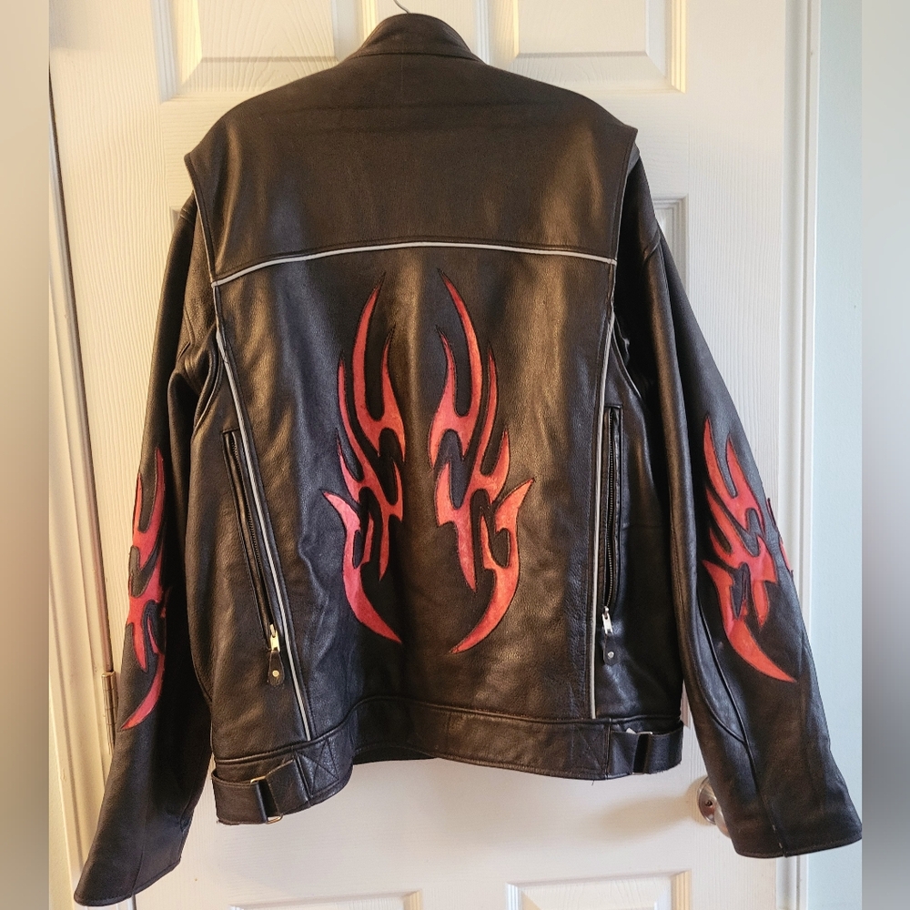 Mens Black Red Fiery Flames Leather Motorcycle Jacket XL 50